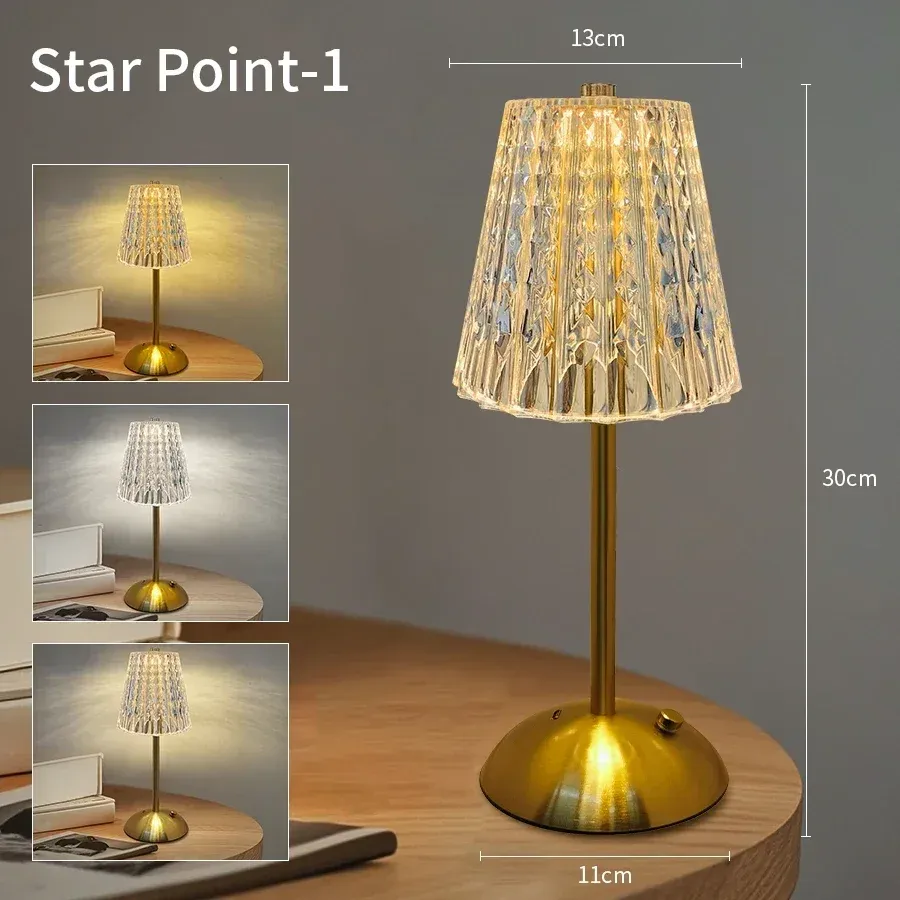 Veilleuse tactile rechargeable à 3 couleurs en cristal artificiel, intensité variable, lampe de table portable pour chambre, salon et restaurant 11
