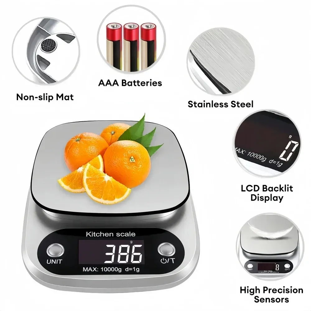 Balance de cuisine numérique 10 kg / 1 g, haute précision, écran LCD, balance électronique portable pour aliments, bijoux, café et pâtisserie 6