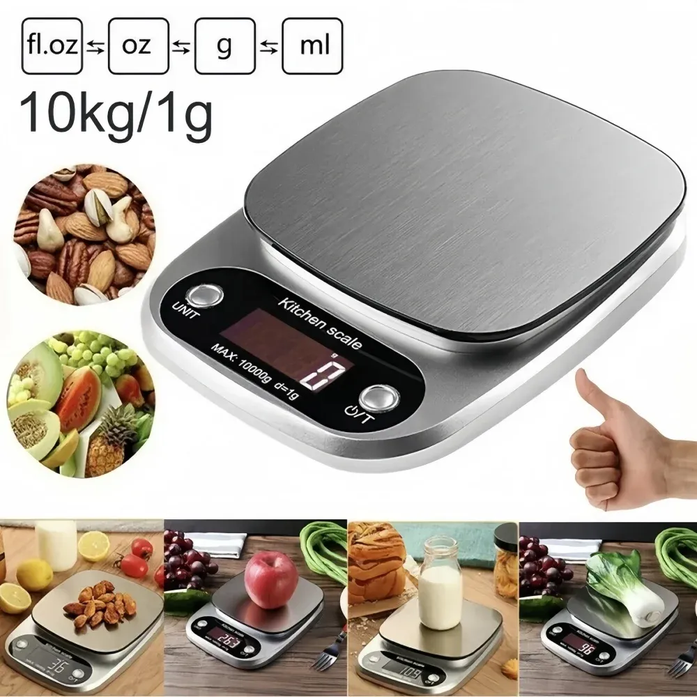 Balance de cuisine numérique vue de dessus, plateau en acier inoxydable