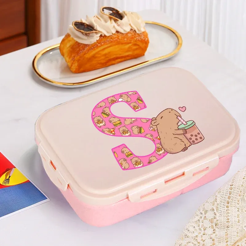 Boîte à déjeuner Capybara mignonne pour filles, avec lettres A-Z, boîte bento pour enfants, idéale pour l'école et le pique-nique, conteneur de rangement alimentaire, étui enfant, cadeau 3