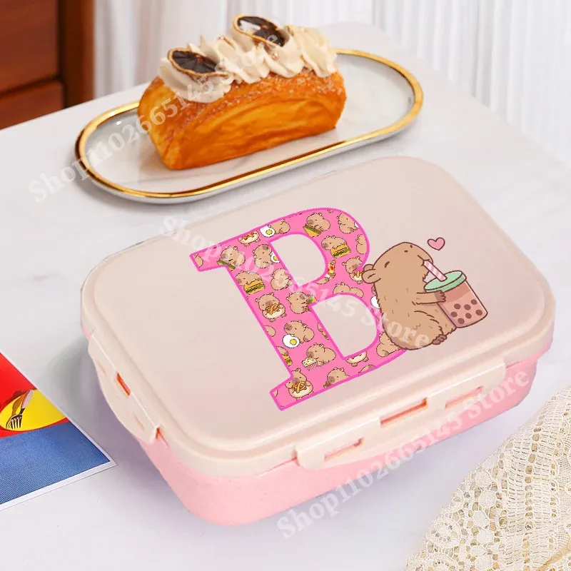 Boîte à déjeuner Capybara mignonne pour filles, avec lettres A-Z, boîte bento pour enfants, idéale pour l'école et le pique-nique, conteneur de rangement alimentaire, étui enfant, cadeau 12