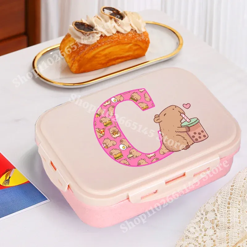 Boîte à déjeuner Capybara mignonne pour filles, avec lettres A-Z, boîte bento pour enfants, idéale pour l'école et le pique-nique, conteneur de rangement alimentaire, étui enfant, cadeau 11