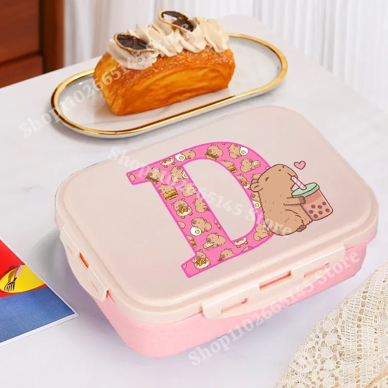 Boîte à déjeuner Capybara mignonne pour filles, avec lettres A-Z, boîte bento pour enfants, idéale pour l'école et le pique-nique, conteneur de rangement alimentaire, étui enfant, cadeau 14