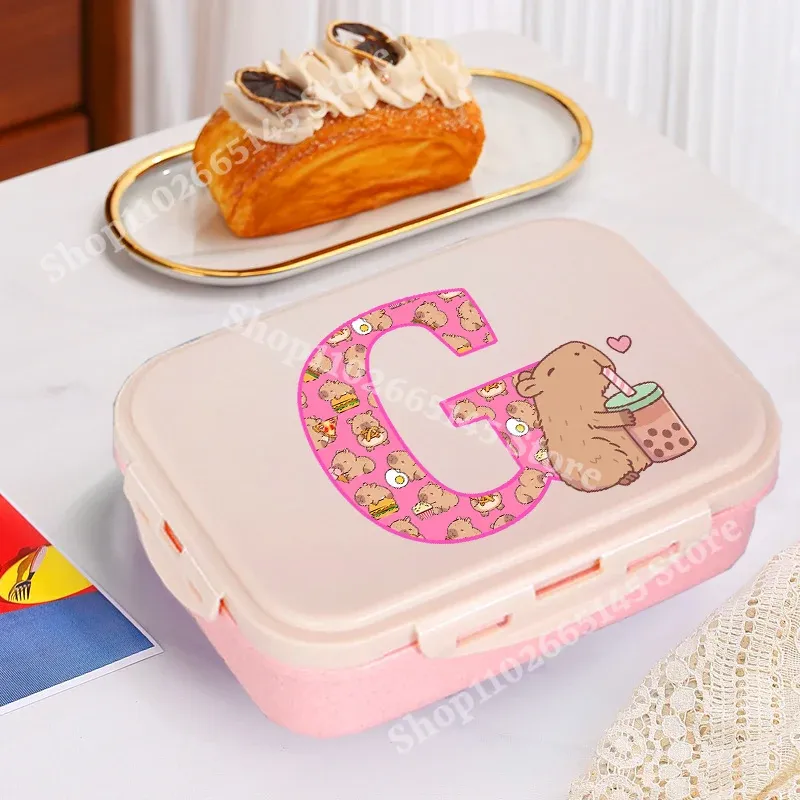 Boîte à déjeuner Capybara mignonne pour filles, avec lettres A-Z, boîte bento pour enfants, idéale pour l'école et le pique-nique, conteneur de rangement alimentaire, étui enfant, cadeau 7