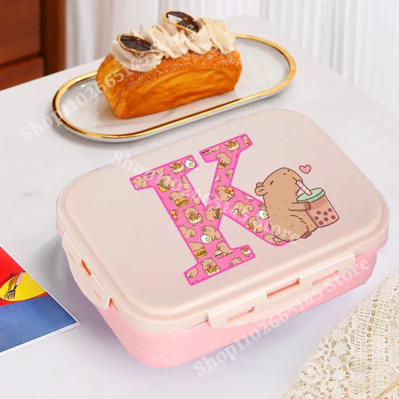Boîte à déjeuner Capybara mignonne pour filles, avec lettres A-Z, boîte bento pour enfants, idéale pour l'école et le pique-nique, conteneur de rangement alimentaire, étui enfant, cadeau 28