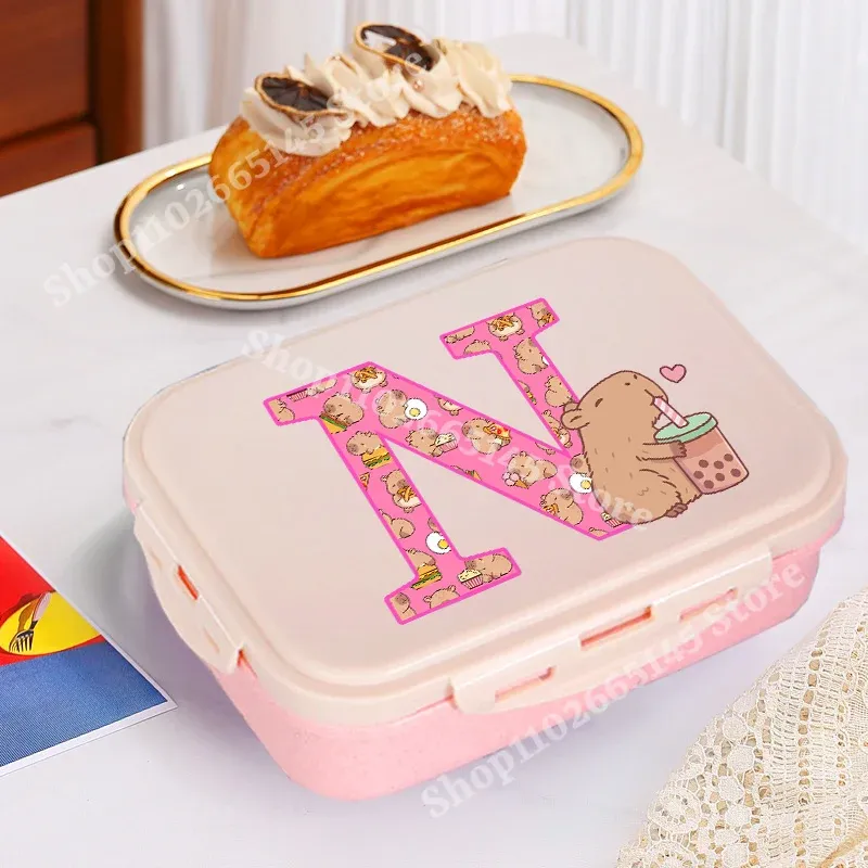 Boîte à déjeuner Capybara mignonne pour filles, avec lettres A-Z, boîte bento pour enfants, idéale pour l'école et le pique-nique, conteneur de rangement alimentaire, étui enfant, cadeau 25