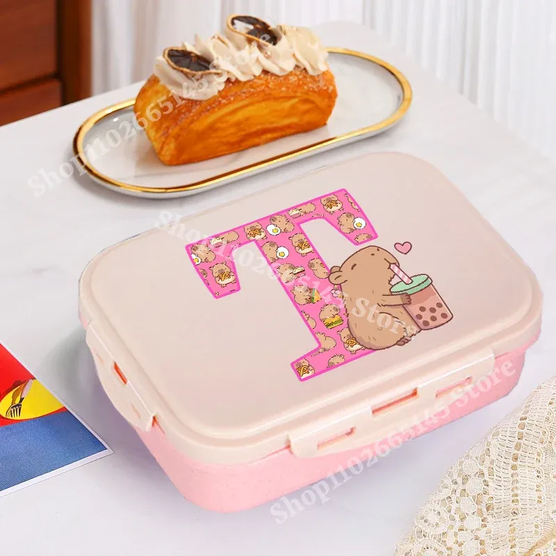 Boîte à déjeuner Capybara mignonne pour filles, avec lettres A-Z, boîte bento pour enfants, idéale pour l'école et le pique-nique, conteneur de rangement alimentaire, étui enfant, cadeau 23