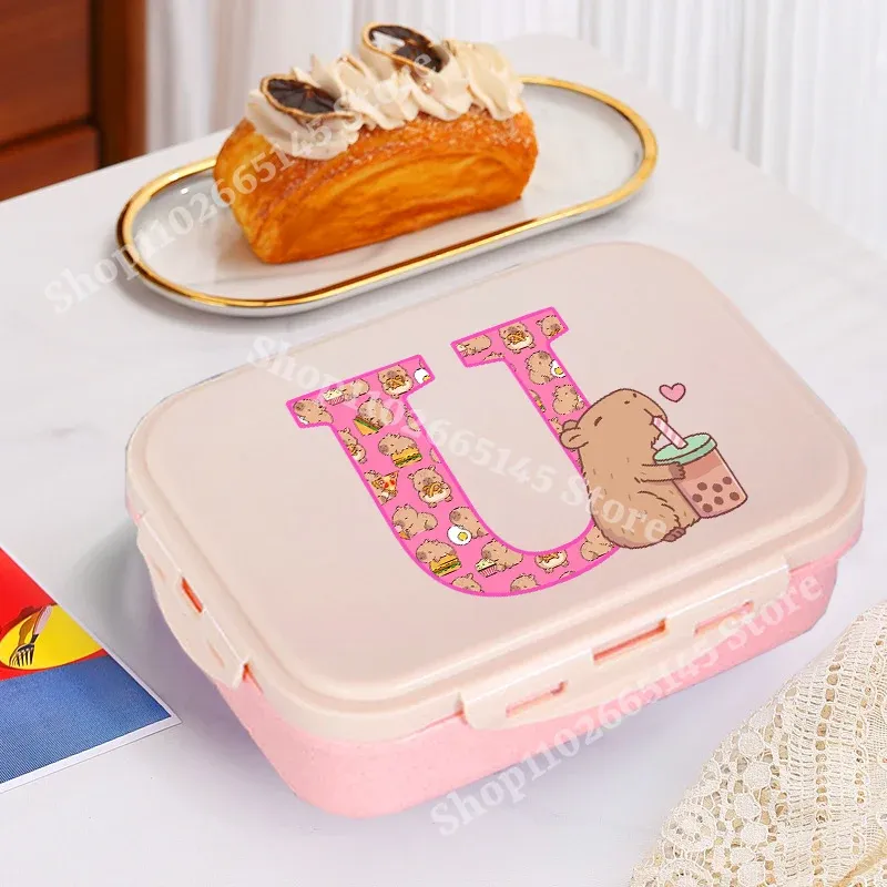Boîte à déjeuner Capybara mignonne pour filles, avec lettres A-Z, boîte bento pour enfants, idéale pour l'école et le pique-nique, conteneur de rangement alimentaire, étui enfant, cadeau 22
