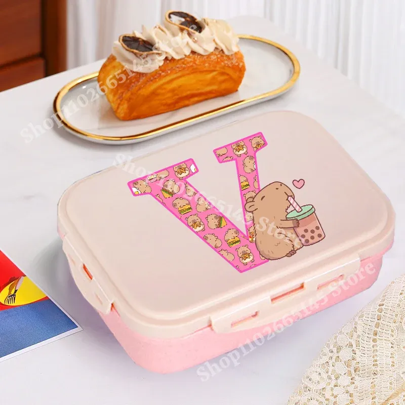 Boîte à déjeuner Capybara mignonne pour filles, avec lettres A-Z, boîte bento pour enfants, idéale pour l'école et le pique-nique, conteneur de rangement alimentaire, étui enfant, cadeau 17
