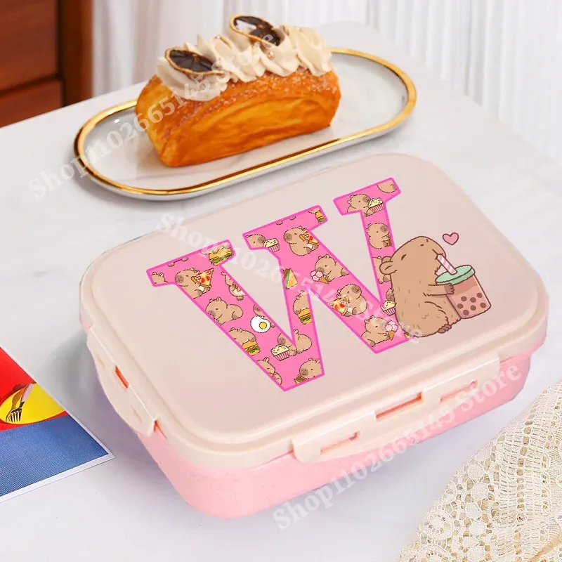 Boîte à déjeuner Capybara mignonne pour filles, avec lettres A-Z, boîte bento pour enfants, idéale pour l'école et le pique-nique, conteneur de rangement alimentaire, étui enfant, cadeau 16