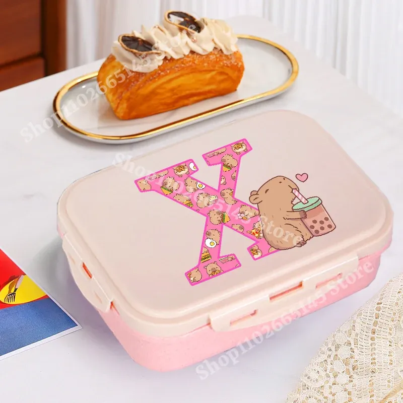 Boîte à déjeuner Capybara mignonne pour filles, avec lettres A-Z, boîte bento pour enfants, idéale pour l'école et le pique-nique, conteneur de rangement alimentaire, étui enfant, cadeau 19