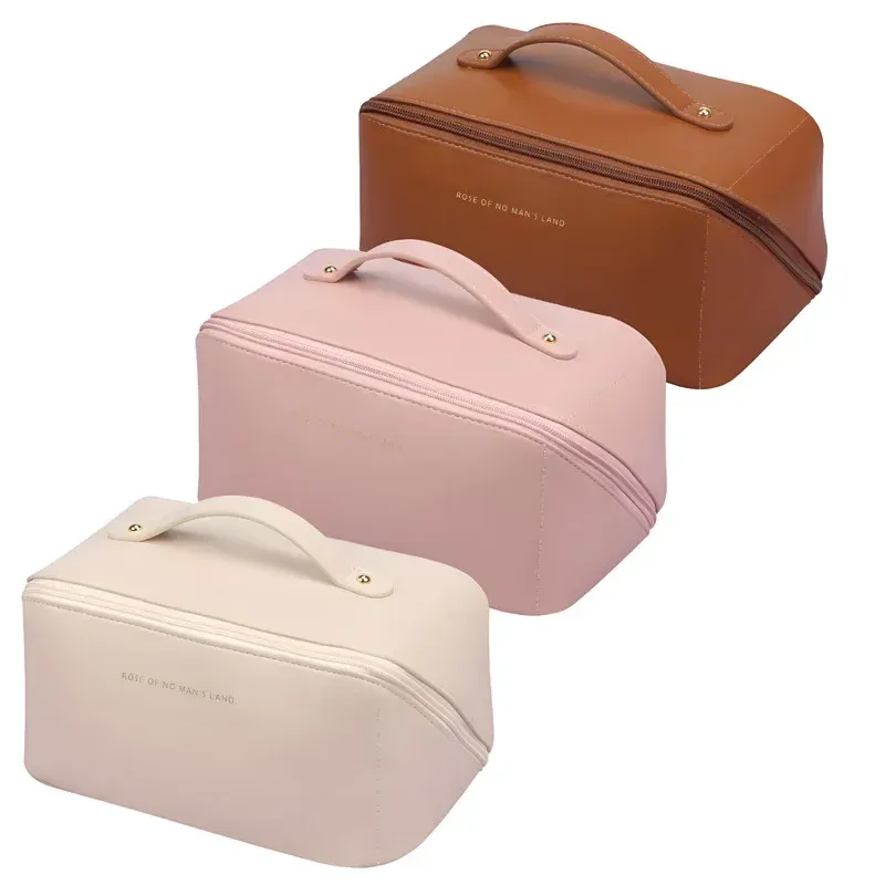 Organisateur de maquillage de voyage en cuir pour femme, trousse de toilette portable à fermeture éclair - Image 1