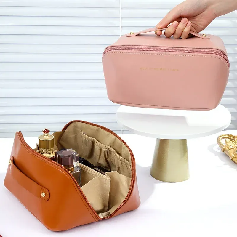 Organisateur de maquillage de voyage en cuir pour femme, trousse de toilette portable à fermeture éclair 2