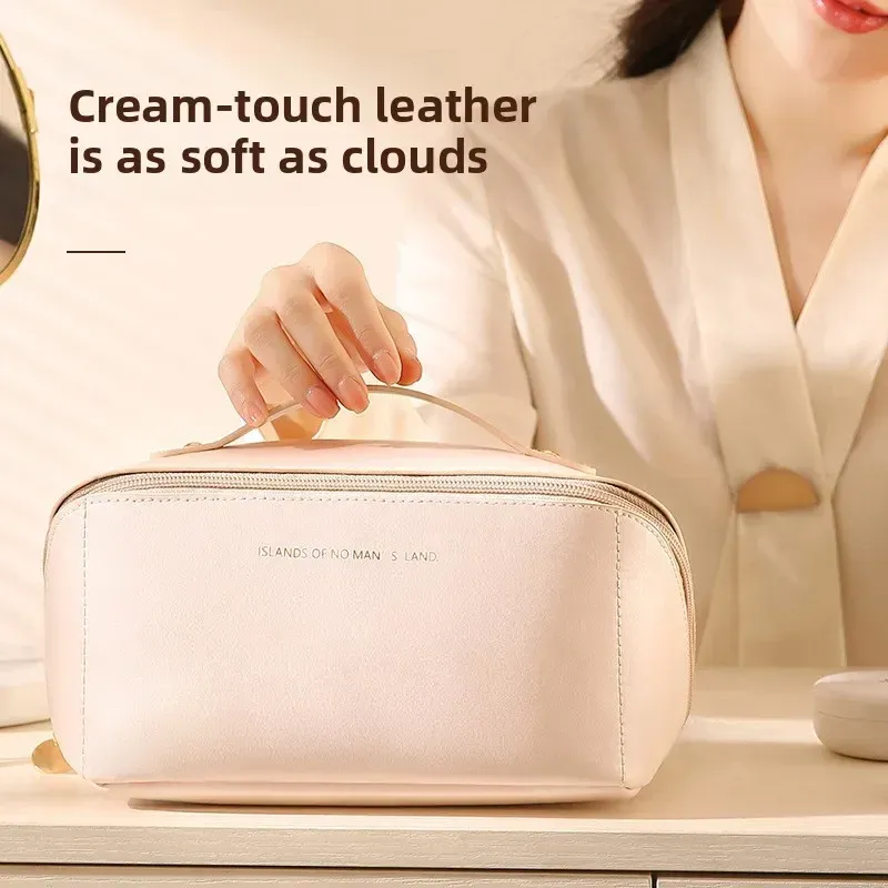 Organisateur de maquillage de voyage en cuir pour femme, trousse de toilette portable à fermeture éclair 4