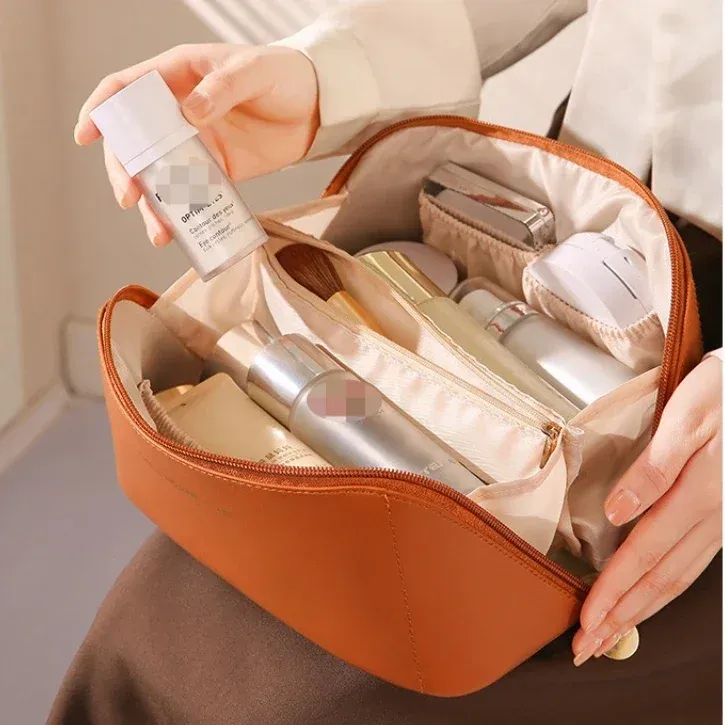 Organisateur de maquillage de voyage en cuir pour femme, trousse de toilette portable à fermeture éclair 5