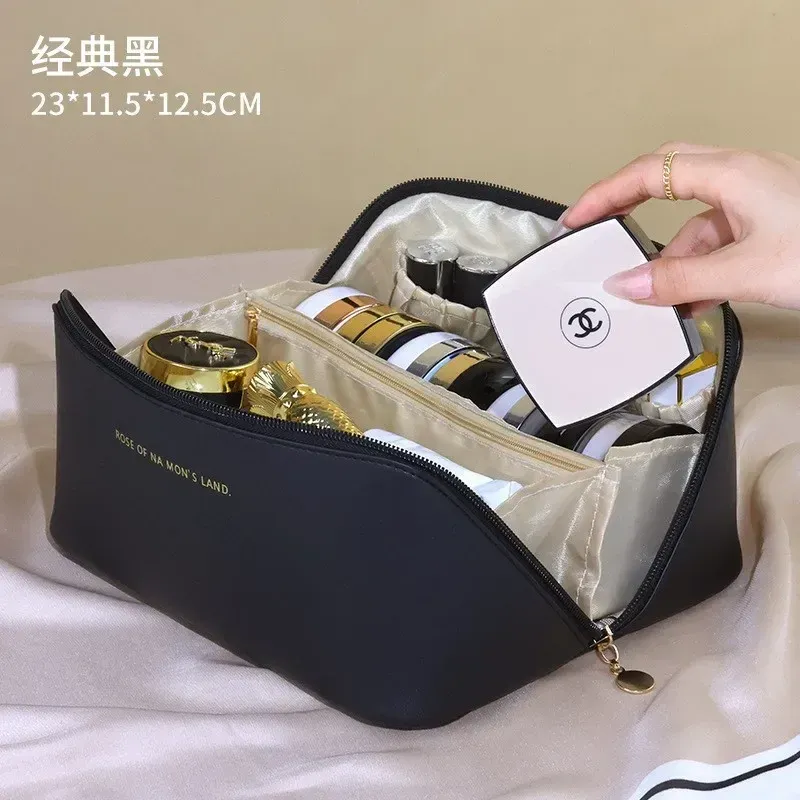 Organisateur de maquillage de voyage en cuir pour femme, trousse de toilette portable à fermeture éclair 7