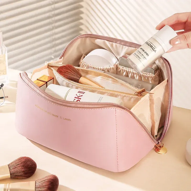 Organisateur de maquillage de voyage en cuir pour femme, trousse de toilette portable à fermeture éclair 8