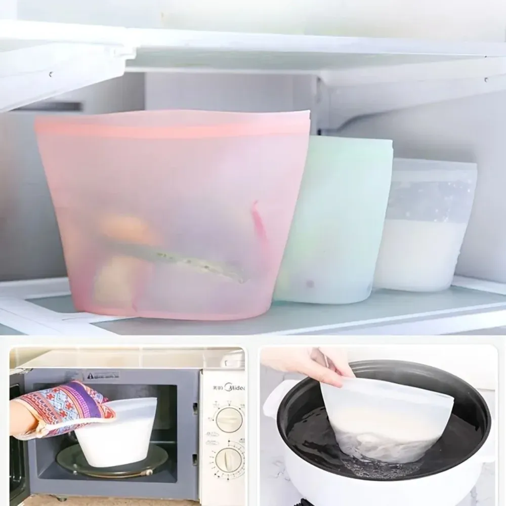 Sacs de conservation alimentaire réutilisables en silicone, lot de 3, étanches, compatibles micro-ondes et lave-vaisselle 4