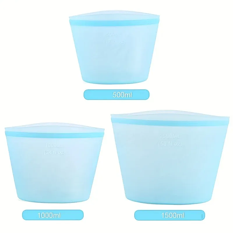 Sacs de conservation alimentaire réutilisables en silicone, lot de 3, étanches, compatibles micro-ondes et lave-vaisselle 7