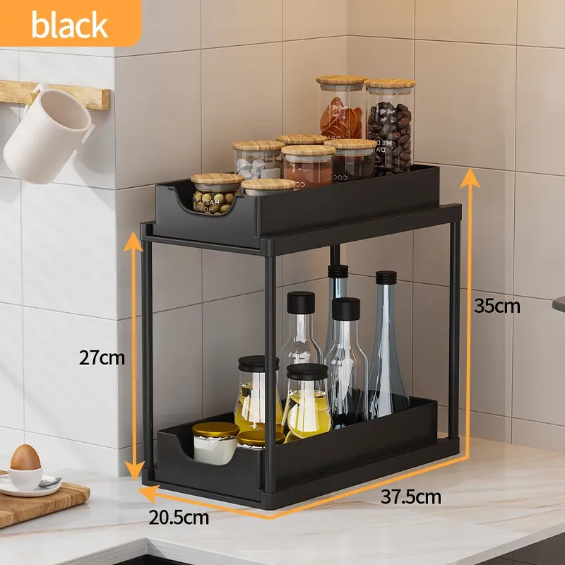 Ce titre est déjà en français. Voici une version plus claire et professionnelle :

Étagère coulissante multifonction à 2 niveaux pour meuble sous évier, gain de place pour cuisine et salle de bain 9