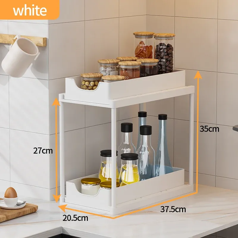 Ce titre est déjà en français. Voici une version plus claire et professionnelle :

Étagère coulissante multifonction à 2 niveaux pour meuble sous évier, gain de place pour cuisine et salle de bain 10