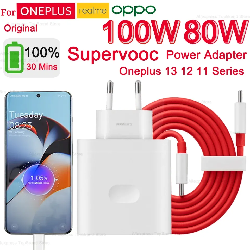 Chargeur d'origine OnePlus SuperVOOC 100 W, adaptateur secteur USB-A, prise EU, 80 W, avec câble USB Type-C à charge rapide, compatible OnePlus 13, 12, 11, 10 Pro, Nord CE 3 et 5