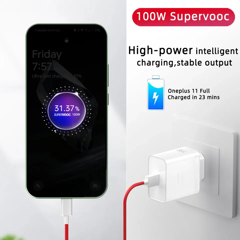 Chargeur d'origine OnePlus SuperVOOC 100 W, adaptateur secteur USB-A, prise EU, 80 W, avec câble USB Type-C à charge rapide, compatible OnePlus 13, 12, 11, 10 Pro, Nord CE 3 et 5 2
