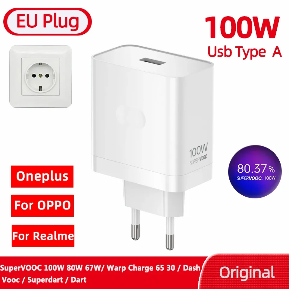 Chargeur d'origine OnePlus SuperVOOC 100 W, adaptateur secteur USB-A, prise EU, 80 W, avec câble USB Type-C à charge rapide, compatible OnePlus 13, 12, 11, 10 Pro, Nord CE 3 et 5 10