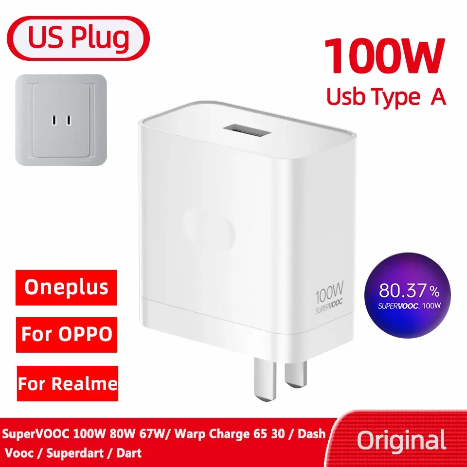 Chargeur d'origine OnePlus SuperVOOC 100 W, adaptateur secteur USB-A, prise EU, 80 W, avec câble USB Type-C à charge rapide, compatible OnePlus 13, 12, 11, 10 Pro, Nord CE 3 et 5 7