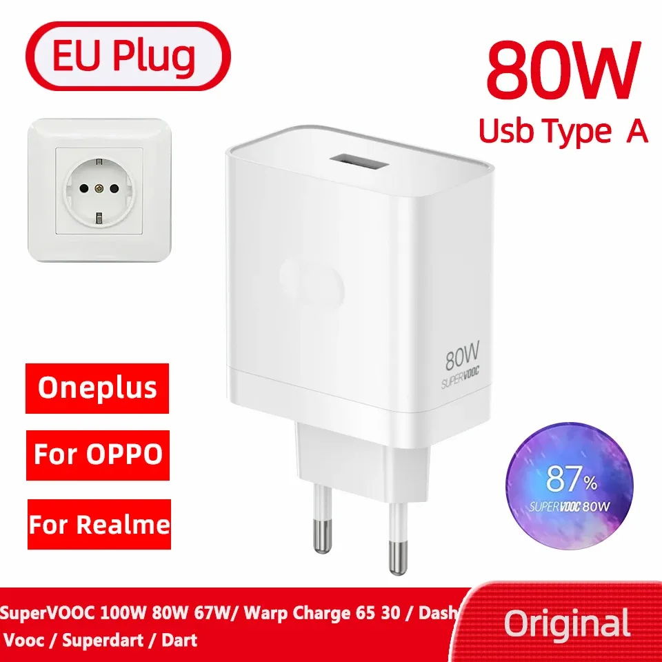 Chargeur d'origine OnePlus SuperVOOC 100 W, adaptateur secteur USB-A, prise EU, 80 W, avec câble USB Type-C à charge rapide, compatible OnePlus 13, 12, 11, 10 Pro, Nord CE 3 et 5 8