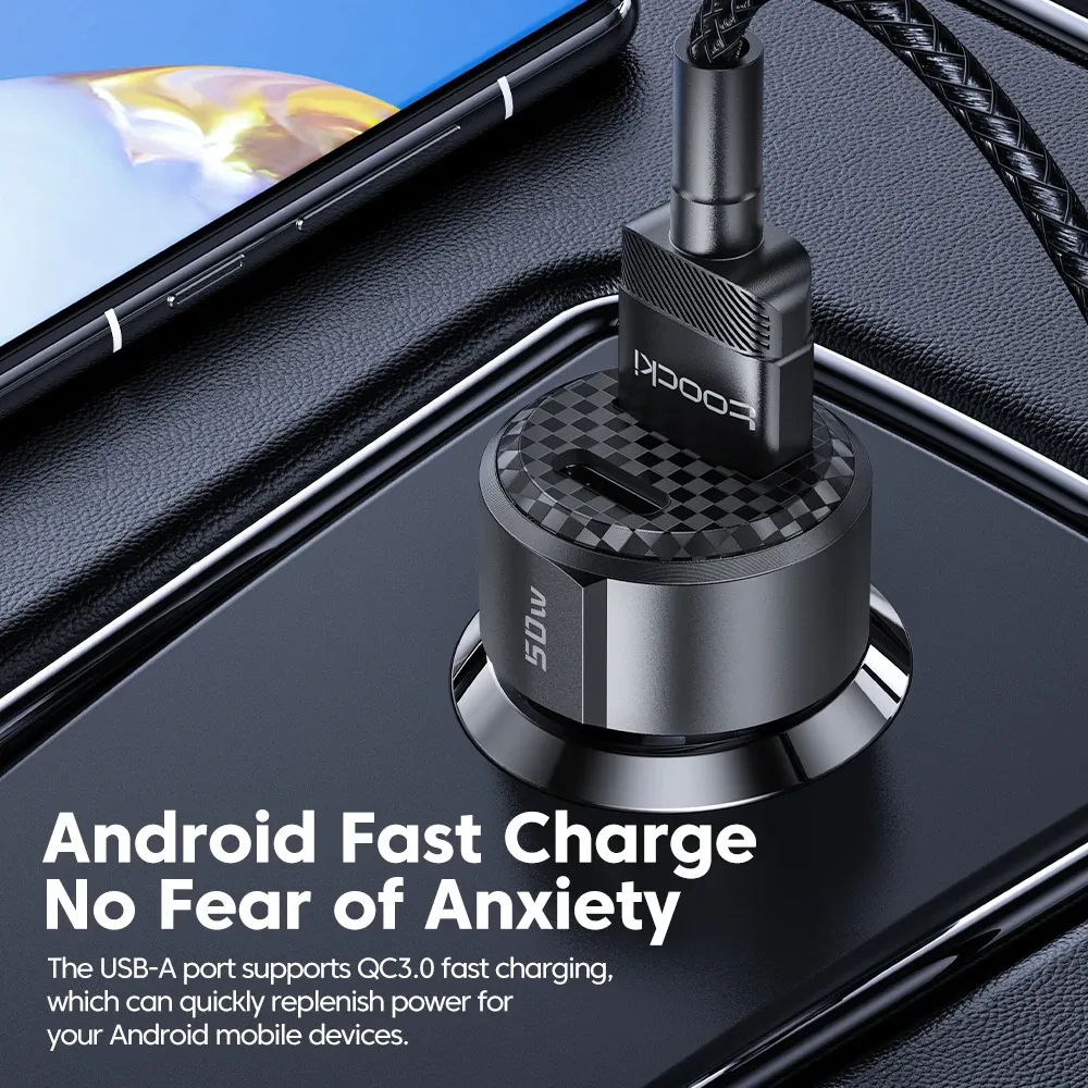 Chargeur de voiture USB Type-C Toocki, charge rapide 50 W compatible iPhone 12/13/14, Huawei, Samsung et Xiaomi POCO, avec Power Delivery 4.0 et Quick Charge 3.0 2