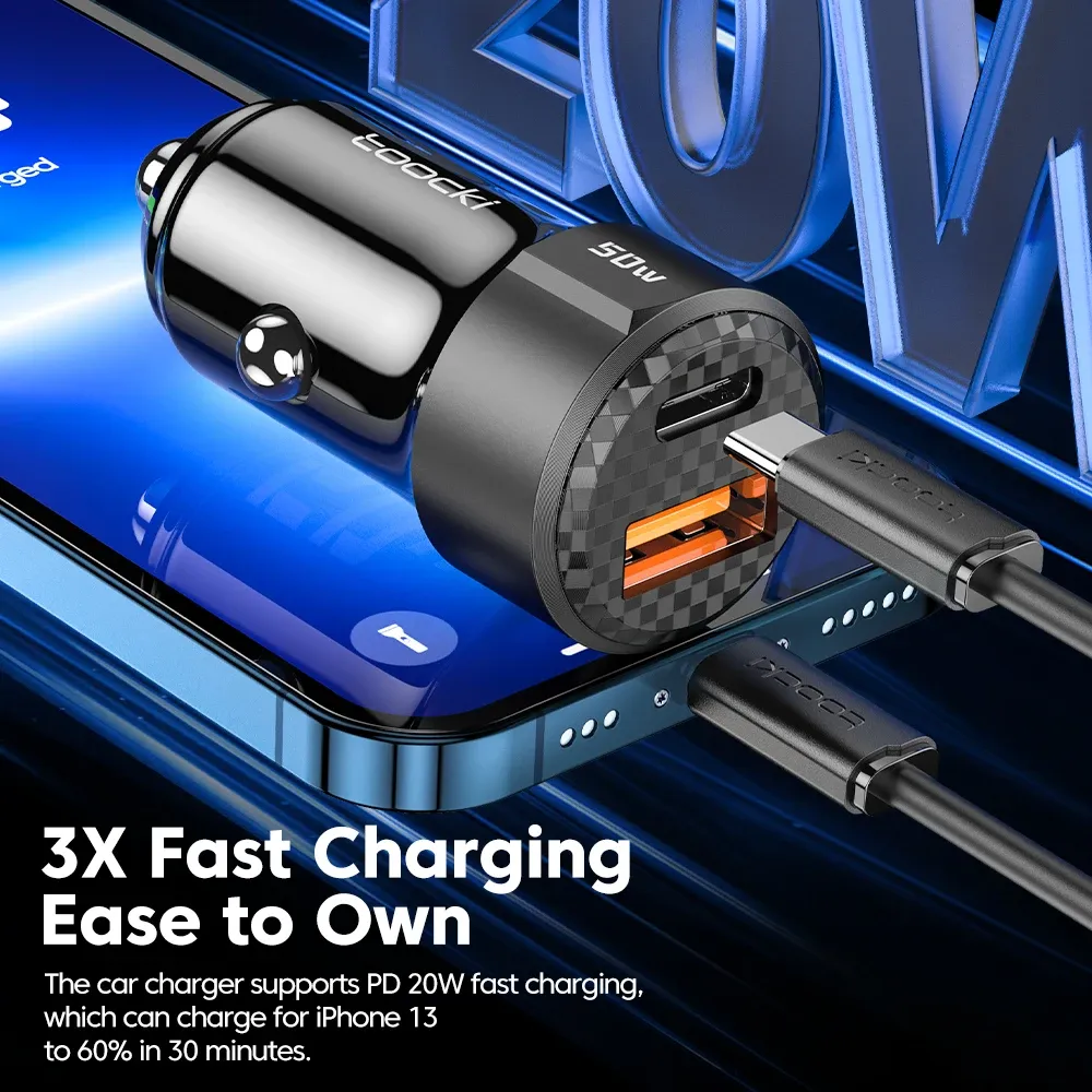 Chargeur de voiture USB Type-C Toocki, charge rapide 50 W compatible iPhone 12/13/14, Huawei, Samsung et Xiaomi POCO, avec Power Delivery 4.0 et Quick Charge 3.0 4