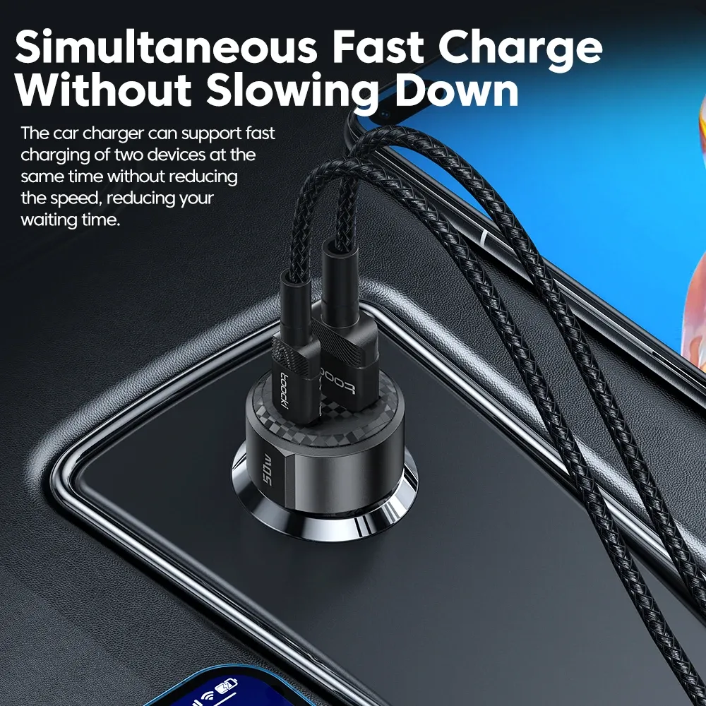 Chargeur de voiture USB Type-C Toocki, charge rapide 50 W compatible iPhone 12/13/14, Huawei, Samsung et Xiaomi POCO, avec Power Delivery 4.0 et Quick Charge 3.0 6