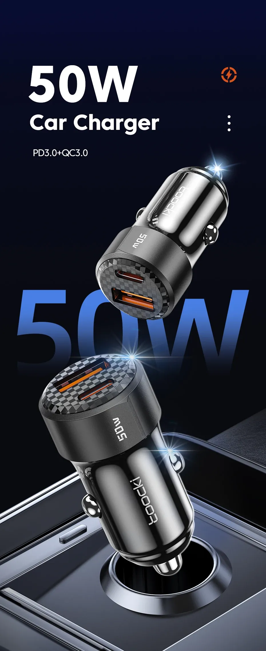 Chargeur de voiture double port avec charge rapide PD 3.0 et QC 3.0