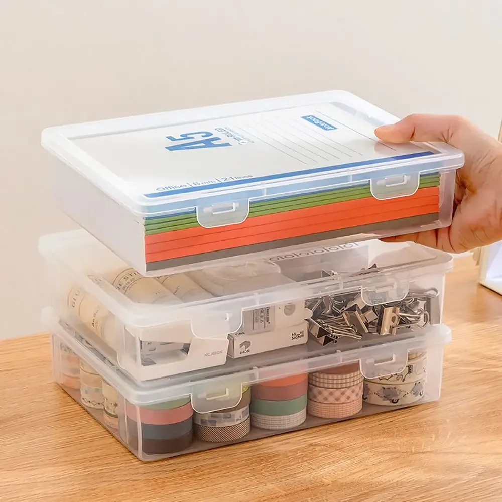 Boîte de rangement transparente en plastique à couvercle anti-poussière, portable et grande capacité, format A4 et A5, pour papeterie et bijoux (1 pièce) 2