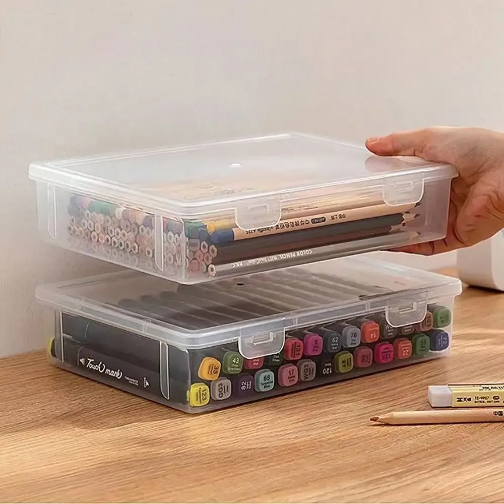 Boîte de rangement transparente en plastique à couvercle anti-poussière, portable et grande capacité, format A4 et A5, pour papeterie et bijoux (1 pièce) 4