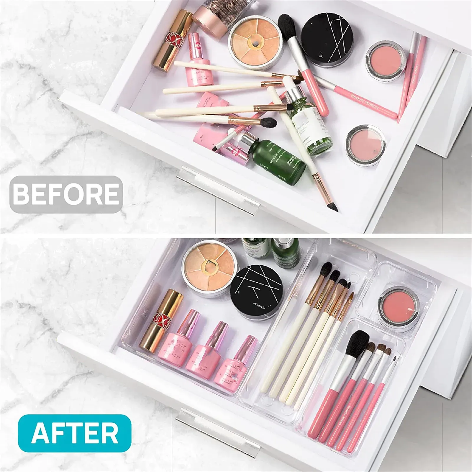 Organisation de cosmétiques avec plateaux transparents