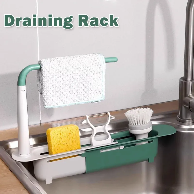 Étagère télescopique multifonctionnelle pour évier, support réglable avec panier égouttoir pour éponges de cuisine - Image 1