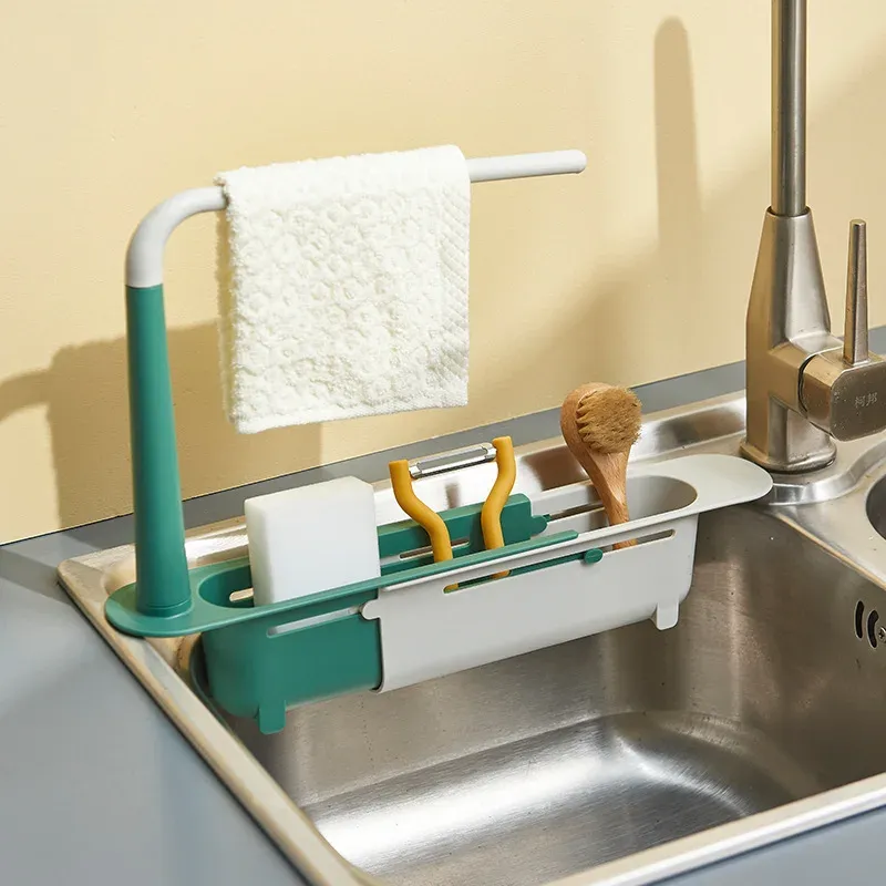 Étagère télescopique multifonctionnelle pour évier, support réglable avec panier égouttoir pour éponges de cuisine 2