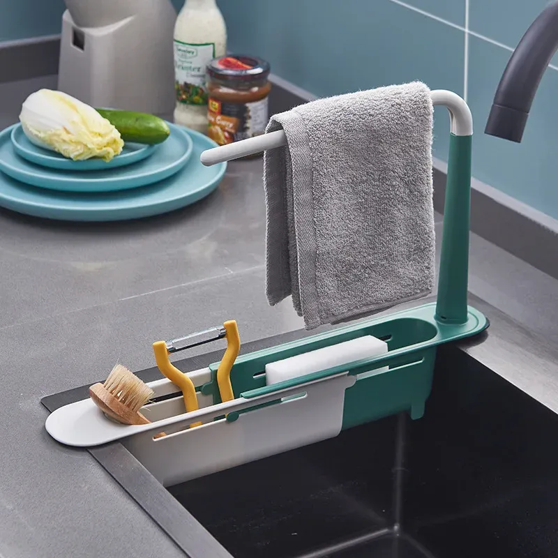 Étagère télescopique multifonctionnelle pour évier, support réglable avec panier égouttoir pour éponges de cuisine 4