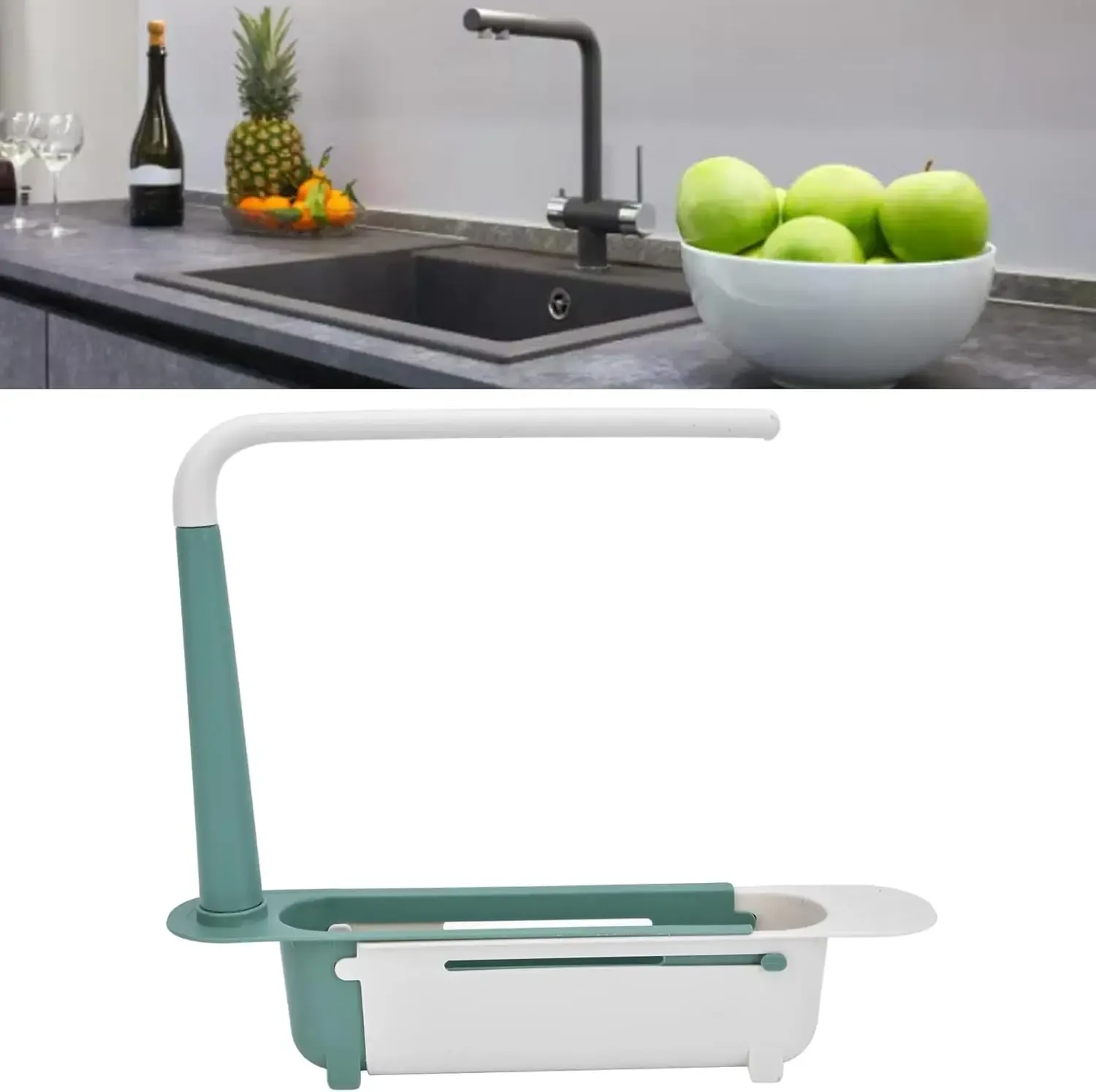 Étagère télescopique multifonctionnelle pour évier, support réglable avec panier égouttoir pour éponges de cuisine 6