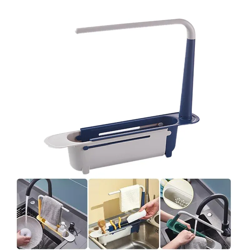Étagère télescopique multifonctionnelle pour évier, support réglable avec panier égouttoir pour éponges de cuisine 8