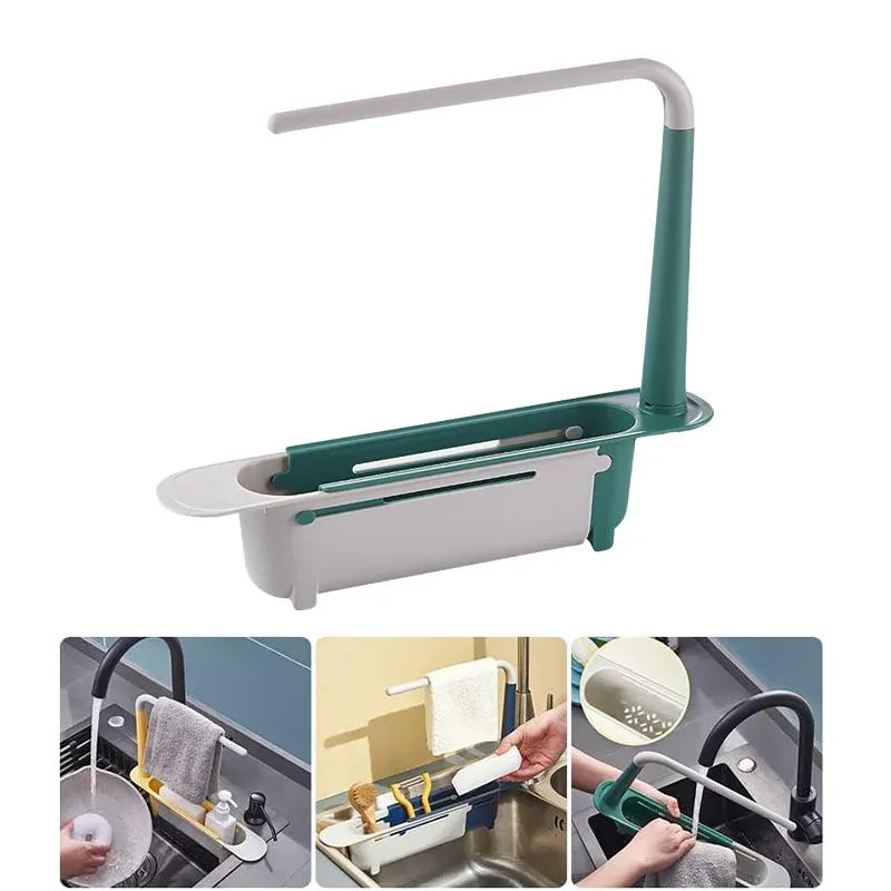 Étagère télescopique multifonctionnelle pour évier, support réglable avec panier égouttoir pour éponges de cuisine 7