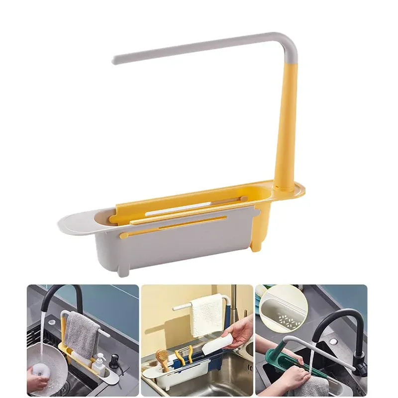 Étagère télescopique multifonctionnelle pour évier, support réglable avec panier égouttoir pour éponges de cuisine 9