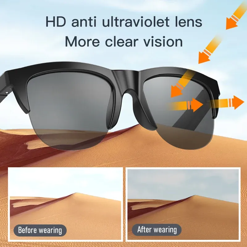 Lunettes de soleil intelligentes Bluetooth 5.3 avec casque audio pour sports de plein air, audio HiFi, commande tactile, protection UV, noires, mixte 2