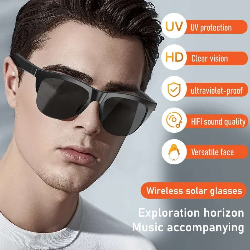 Lunettes de soleil intelligentes Bluetooth 5.3 avec casque audio pour sports de plein air, audio HiFi, commande tactile, protection UV, noires, mixte 4