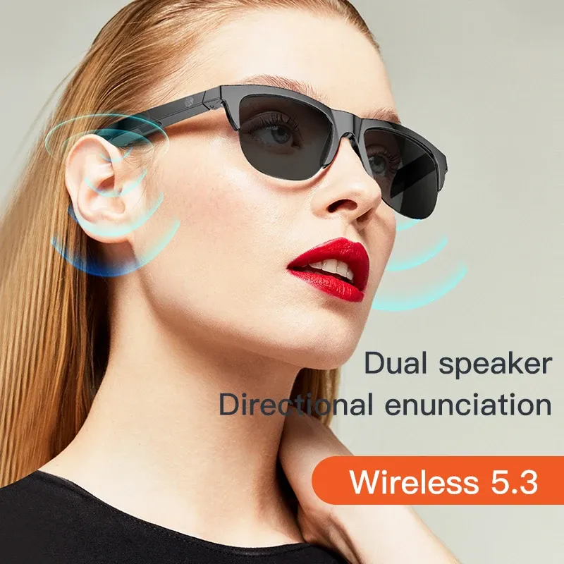 Lunettes de soleil intelligentes Bluetooth 5.3 avec casque audio pour sports de plein air, audio HiFi, commande tactile, protection UV, noires, mixte 5