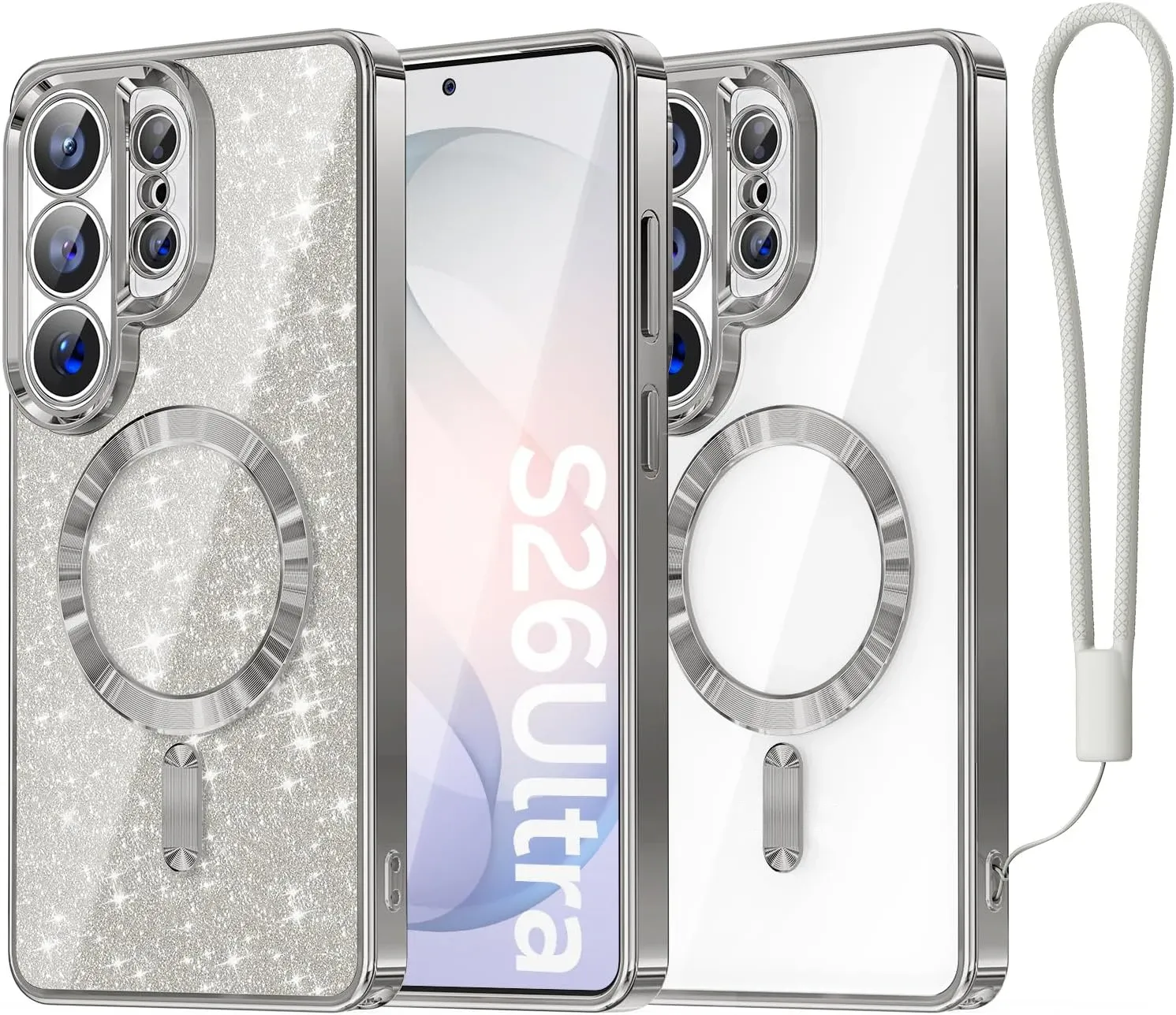 Étui magnétique de protection pour Samsung Galaxy S26 Ultra et S25+, compatible MagSafe, avec porte-carte amovible, dragonne et protection d'objectif 10