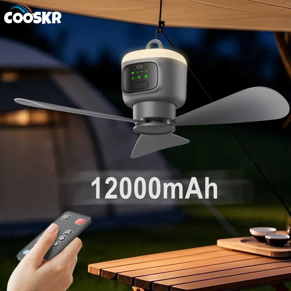 Ventilateur de camping portable rechargeable 12000mAh avec télécommande et lumière LED pour tente en plein air - Image 1