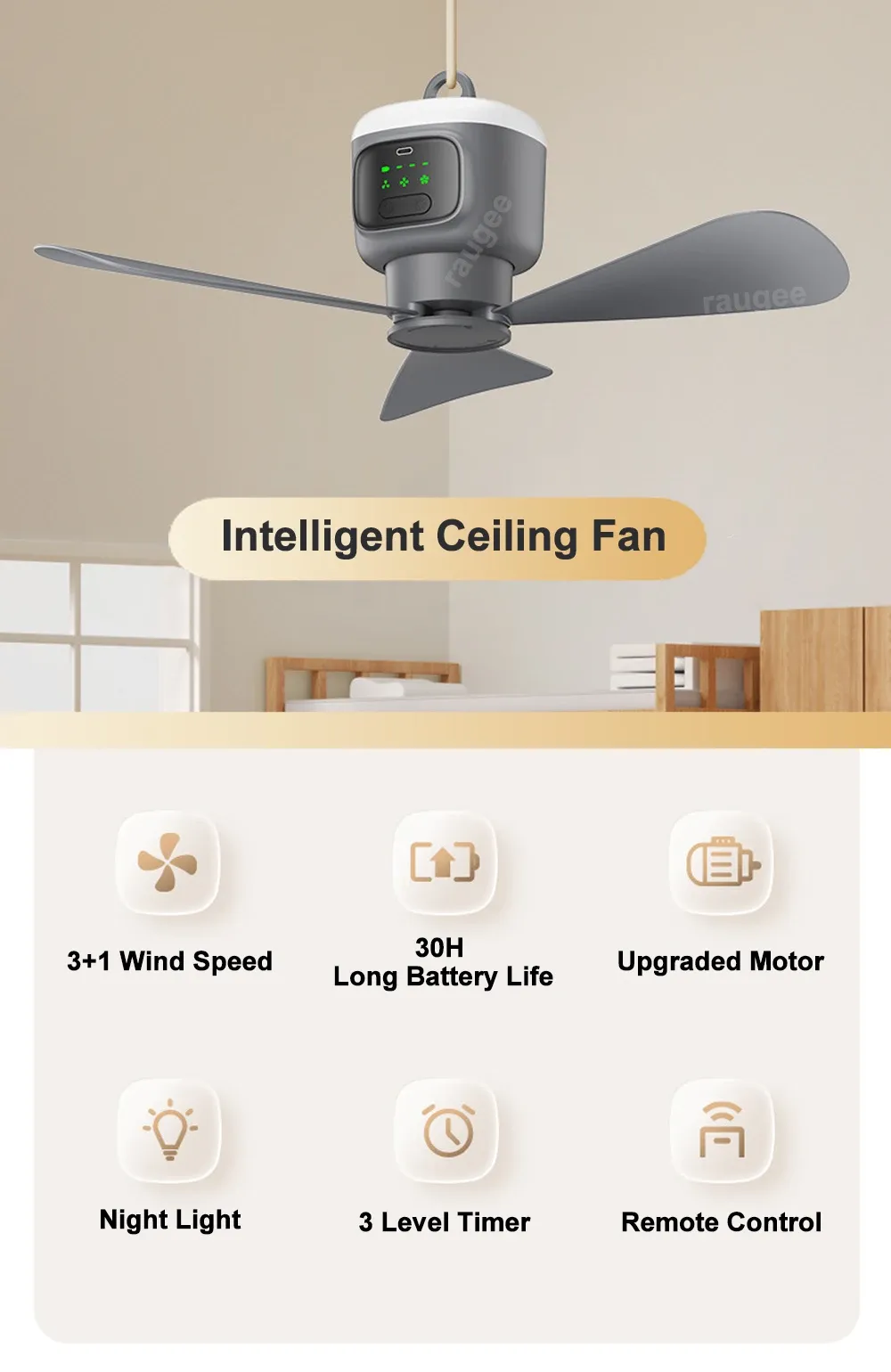 Ventilateur de plafond portable rechargeable, vue d'ensemble